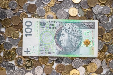 Polonya parası. Polonya sikkelerinin arka planında 100 zloti. Üst görünüm