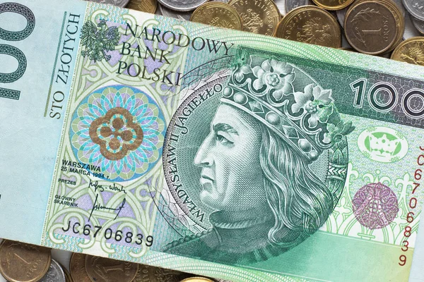 Польские Деньги Сто Злотых Фоне Польских Монет Вид Сверху — стоковое фото