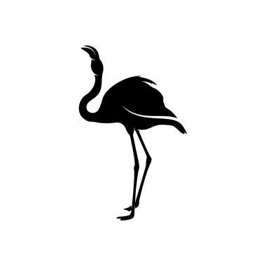 Flamingo tasarım vektörü, flamingo kuşunun siyah silueti, tek ayak üzerinde duruyor, izole edilmiş..