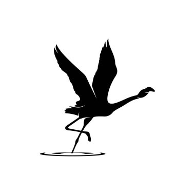 Flamingo tasarım vektörü, flamingo kuşunun siyah silueti, tek ayak üzerinde duruyor, izole edilmiş..