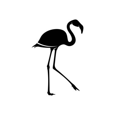 Flamingo tasarım vektörü, flamingo kuşunun siyah silueti, tek ayak üzerinde duruyor, izole edilmiş..