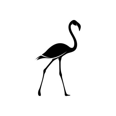Flamingo tasarım vektörü, flamingo kuşunun siyah silueti, tek ayak üzerinde duruyor, izole edilmiş..