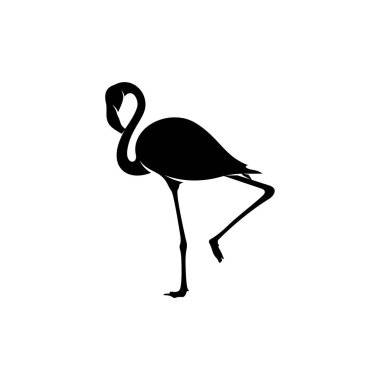 Flamingo tasarım vektörü, flamingo kuşunun siyah silueti, tek ayak üzerinde duruyor, izole edilmiş..