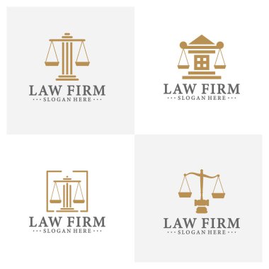 Hukuk bürosu logosu adalet terazileri, tokmak ve benzeri çizimlerle kurulmuş. Vektör vintage avukat, avukat etiketleri, hukuk firması rozet koleksiyonu. Eylem, prensip, yasal simgeler tasarımı.
