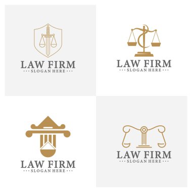 Hukuk bürosu logosu adalet terazileri, tokmak ve benzeri çizimlerle kurulmuş. Vektör vintage avukat, avukat etiketleri, hukuk firması rozet koleksiyonu. Eylem, prensip, yasal simgeler tasarımı.