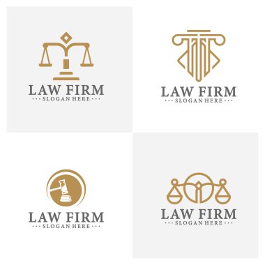 Hukuk bürosu logosu adalet terazileri, tokmak ve benzeri çizimlerle kurulmuş. Vektör vintage avukat, avukat etiketleri, hukuk firması rozet koleksiyonu. Eylem, prensip, yasal simgeler tasarımı.