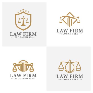 Hukuk bürosu logosu adalet terazileri, tokmak ve benzeri çizimlerle kurulmuş. Vektör vintage avukat, avukat etiketleri, hukuk firması rozet koleksiyonu. Eylem, prensip, yasal simgeler tasarımı.