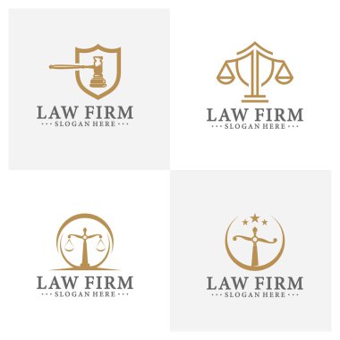 Hukuk bürosu logosu adalet terazileri, tokmak ve benzeri çizimlerle kurulmuş. Vektör vintage avukat, avukat etiketleri, hukuk firması rozet koleksiyonu. Eylem, prensip, yasal simgeler tasarımı.