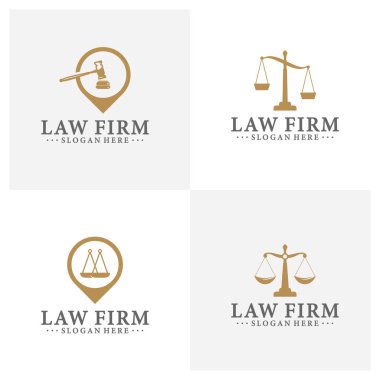 Hukuk bürosu logosu adalet terazileri, tokmak ve benzeri çizimlerle kurulmuş. Vektör vintage avukat, avukat etiketleri, hukuk firması rozet koleksiyonu. Eylem, prensip, yasal simgeler tasarımı.