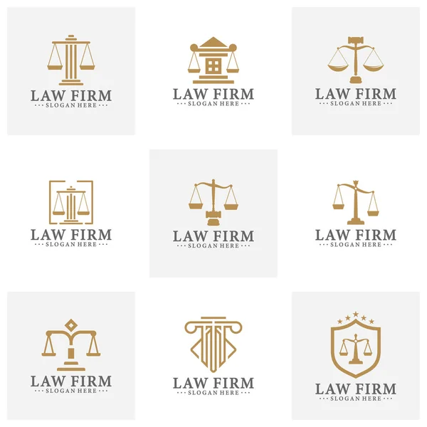 Hukuk bürosu logosu adalet terazileri, tokmak ve benzeri çizimlerle kurulmuş. Vektör vintage avukat, avukat etiketleri, hukuk firması rozet koleksiyonu. Eylem, prensip, yasal simgeler tasarımı.