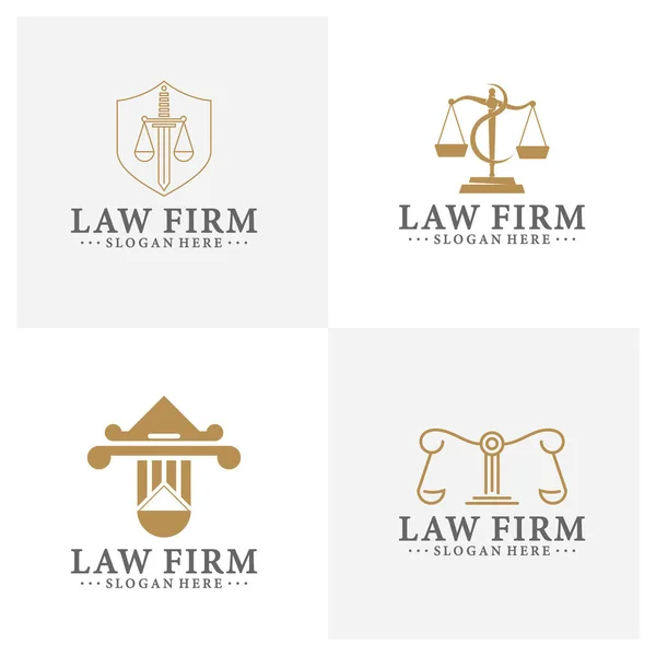 Law office logotypes set with scales of justice, gavel etc illustrations. Vector vintage attorney, advocate labels, juridical firm badges collection. Act, principle, legal icons design. — Stock Vector