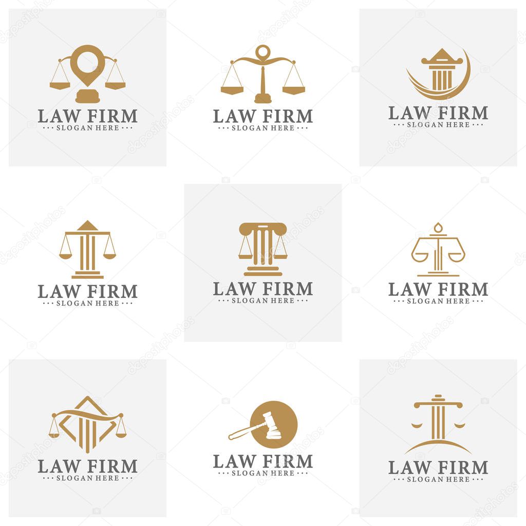 Law office logotypes set with scales of justice, gavel etc illustrations. Vector vintage attorney, advocate labels, juridical firm badges collection. Act, principle, legal icons design.