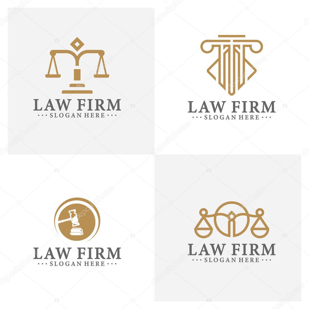 Law office logotypes set with scales of justice, gavel etc illustrations. Vector vintage attorney, advocate labels, juridical firm badges collection. Act, principle, legal icons design.