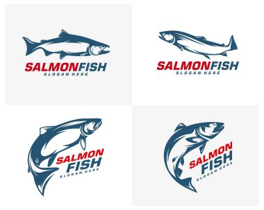 Somon balığı logosu tasarım vektörü. Balık logosu tasarım şablonu çizimi. Spor Balıkçılık Logosu