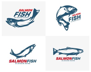 Somon balığı logosu tasarım vektörü. Balık logosu tasarım şablonu çizimi. Spor Balıkçılık Logosu
