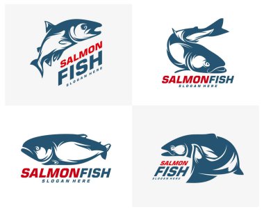 Somon balığı logosu tasarım vektörü. Balık logosu tasarım şablonu çizimi. Spor Balıkçılık Logosu