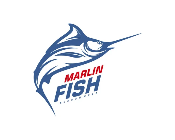 Marlin Fish logo design vector. Modello di disegno logo pesca illustrazione. Pesca sportiva Logo — Vettoriale Stock