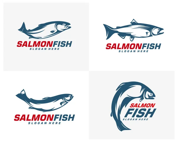サーモンフィッシュロゴデザインベクトル。釣りロゴデザインテンプレートイラスト。スポーツフィッシングロゴ — ストックベクタ