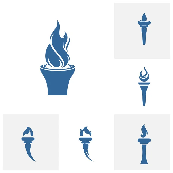 Набор шаблонов логотипа факела дизайн символов, победитель чемпионата огонь факел пламени плоские векторные иконки — стоковый вектор