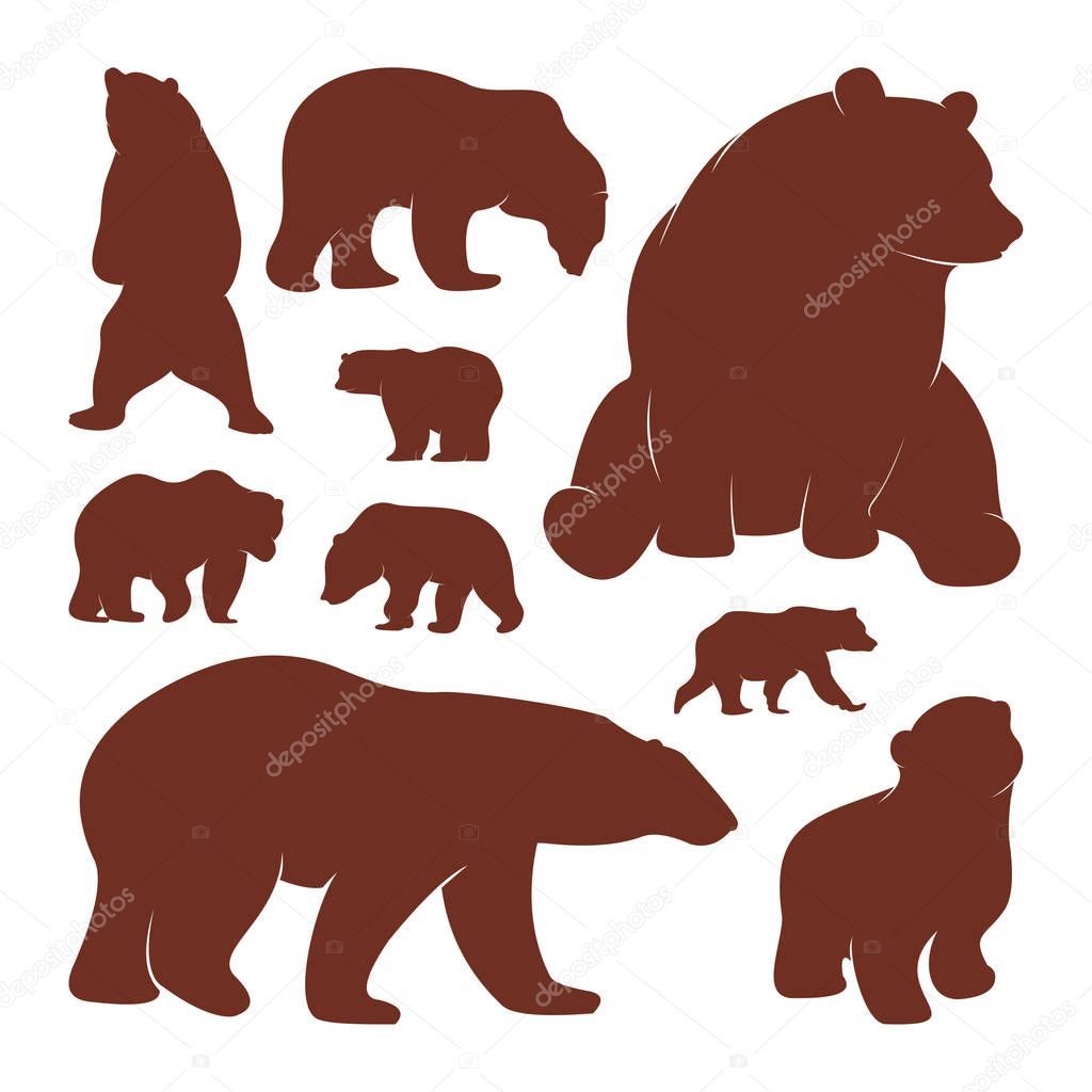 Collection of silhouette Bears. Vector logo. Wildlife. Wild Bear. Vector illustration.