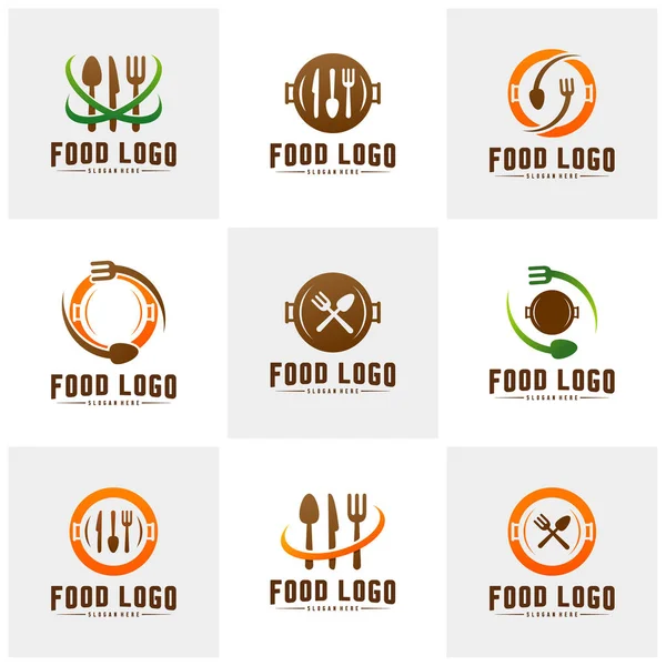 Conjunto de logotipo vetor minimalista moderno de comida. Modelo de logotipo de cozinha. Etiqueta para restaurante de menu de design ou café. Símbolo do ícone . — Vetor de Stock