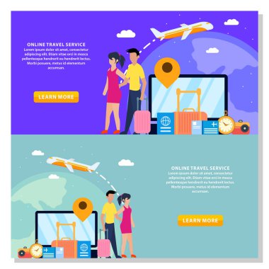 Çevrimiçi Seyahat Hizmeti Arkaplan Vektörü. Turistlerin Çantaları ve Uçak Kalkışı ile Tanıtım Pankartı. Turizm ve Yaz Tatili. Vektör İllüstrasyonu. Dünya turu