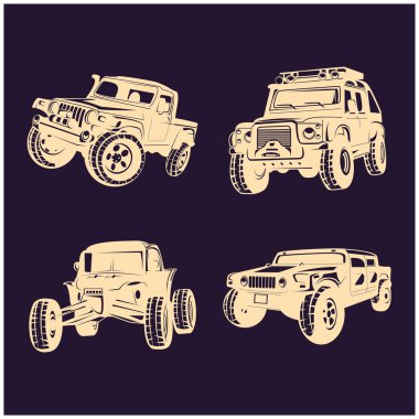 Off-road araba logo tasarım vektörü seti. Off-road ekstrem araba kulübü logosu şablonları. Vektör simgeleri