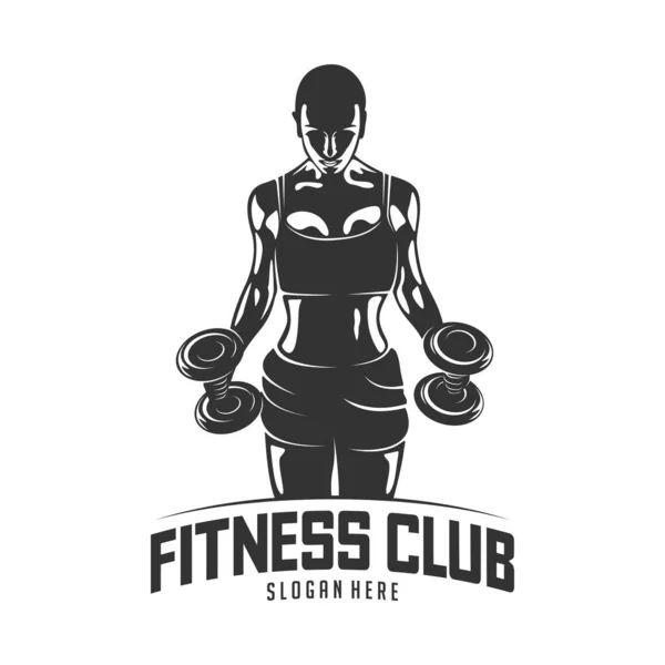 Fitness vektör logosu tasarım şablonu, spor salonu ve form vektörü için tasarım. Spor salonu logosu, spor yapan atletik kadın, vektör illüstrasyonu.