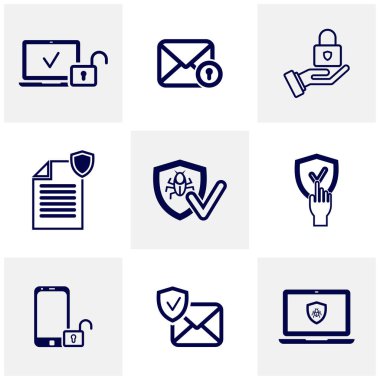 Güvenlik simgesi logo tasarım vektörü seti. Koruma ve Güvenlik Vektör Hattı Simgeleri ayarlandı. İş Verilerini Koruma Teknolojisi. Siber Güvenlik. Bilgisayar Ağı Koruma. Düzenlenebilir Vuruş. Web Simgesi