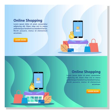 Online Alışveriş 'in iniş sayfası şablonu. Çevrimiçi alışveriş afişi. Web sitesi ve mobil web sitesi için modern düz tasarım konsepti. Vektör İllüstrasyonu