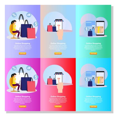 Online Alışveriş 'in iniş sayfası şablonu. Çevrimiçi alışveriş afişi. Web sitesi ve mobil web sitesi için modern düz tasarım konsepti. Vektör İllüstrasyonu