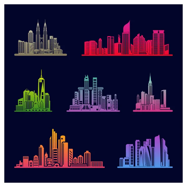 Set de skyline de la Ciudad Moderna. silueta de la ciudad. ilustración vectorial en diseño plano. Siluetas vectoriales de los horizontes de la ciudad mundos — Vector de stock