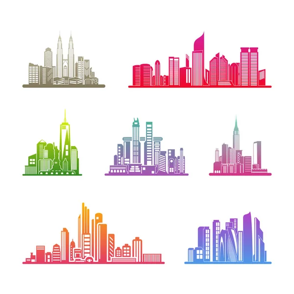 Sada panorama Modern City. městská silueta. vektorová ilustrace v plochém provedení. Vektorové siluety světových panorama města — Stockový vektor
