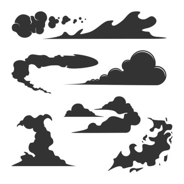 Bir set Swoosh Comic duman logo vektörü. Enerji patlaması etkisi ve çizgi film patlama vektör çizimi. Bulut logosu konsepti