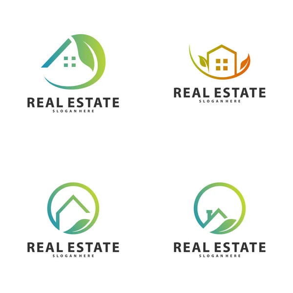 Set di modelli di logo Nature Building Idea, città moderna con il concetto di design del logo Leaf, logo immobiliare Vector Illustration — Vettoriale Stock