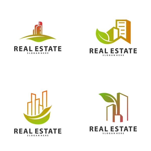 Zestaw szablonów logo Nature Building Idea, Nowoczesne Miasto z koncepcją logo Leaf, Logo nieruchomości Ilustracja wektorowa — Wektor stockowy