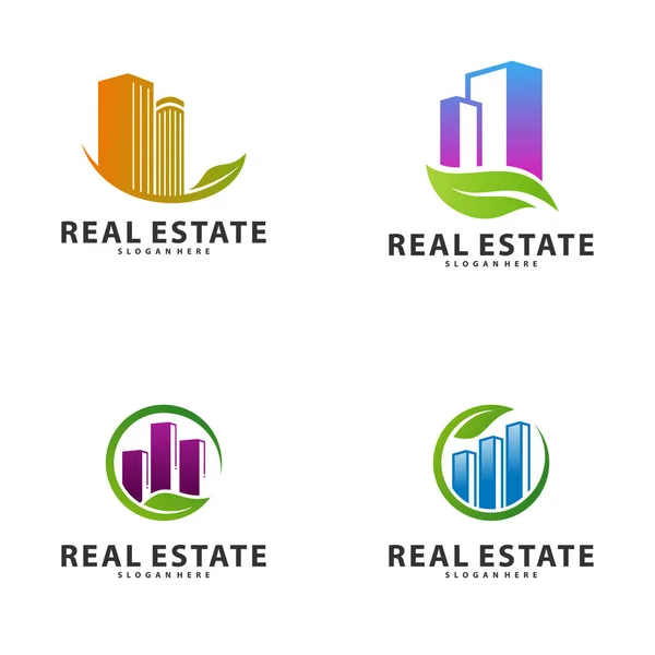 Set of Nature Building Idea logo template, Modern City with Leaf logo designs concept, Real Estate logo Vector Illustration — 스톡 벡터