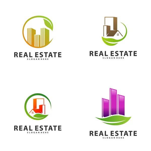 Zestaw szablonów logo Nature Building Idea, Nowoczesne Miasto z koncepcją logo Leaf, Logo nieruchomości Ilustracja wektorowa — Wektor stockowy