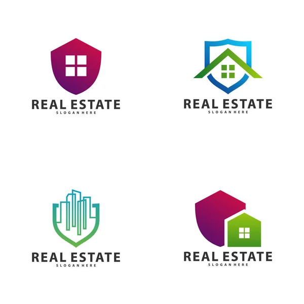 Conjunto de Escudo com Ideia de Construção modelo de logotipo, Cidade Moderna com Shield conceito de design de logotipo, Ilustração do vetor do logotipo imobiliário — Vetor de Stock