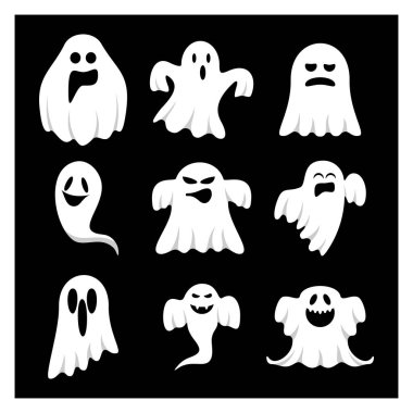 Cadılar Bayramı için Hayalet Tasarım Vektörü seti izole edildi. Mutlu Cadılar Bayramı Şablonları