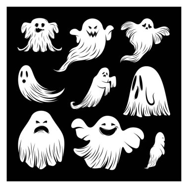 Cadılar Bayramı için Hayalet Tasarım Vektörü seti izole edildi. Mutlu Cadılar Bayramı Şablonları