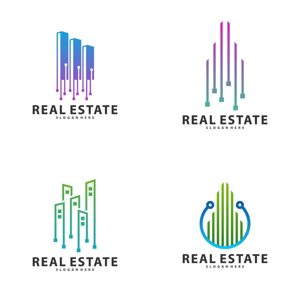 Conjunto de Tech City Logo Symbol Template Design Vector, Emblema, Conceito de Design, Símbolo Criativo, Ícone — Vetor de Stock