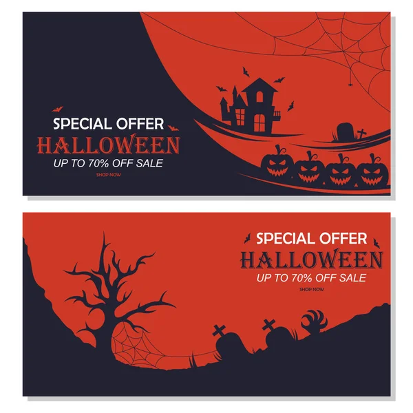 Banner de venta para felices fiestas de Halloween con letras sobre fondo geométrico. Tarjeta de descuento para marketing. Ilustración de plantilla vectorial . — Vector de stock