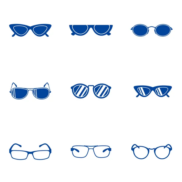 サングラスアイコンベクトルテンプレート、眼鏡、オタクガラスの異なるモデルの形のベクトルシルエットのアイコンのセット。ファッション品揃えアイウェアイラスト — ストックベクタ