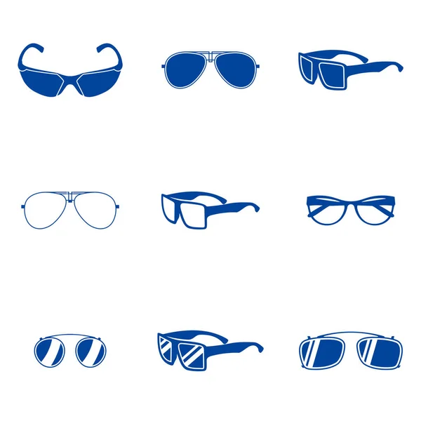サングラスアイコンベクトルテンプレート、眼鏡、オタクガラスの異なるモデルの形のベクトルシルエットのアイコンのセット。ファッション品揃えアイウェアイラスト — ストックベクタ
