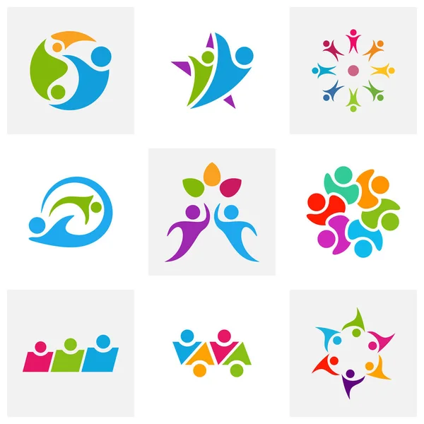Conjunto de modelo de vetor de inspiração de design de logotipo comunitário, Logotipo e ícone de relacionamento social, Conceito de logotipo de cuidado de adoção, Símbolo de ícone — Vetor de Stock