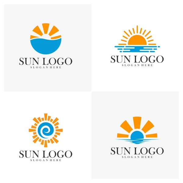 Su logosu tasarım vektör şablonu, simge sembolü, illüstrasyonlu Güneş kümesi
