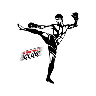 Fight Player logo tasarım vektörü, boks logosu, muay thai kick logo vektörü, Combat Sport and Fitness Amblem with a Fighter., Muay Thai Eğitim Merkezi, Illustration, Creative Design