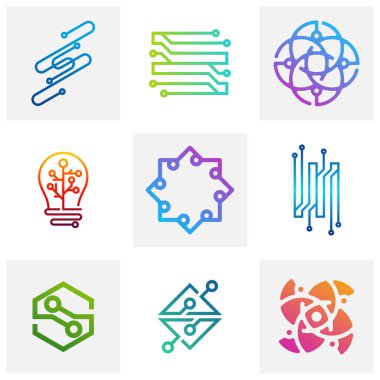 Circuit logo tasarım vektör şablonu, Dairesel logo simgesi, noktalı bağlantı simgesi, devre ögesi, yaratıcı tasarım, simge teknolojisi