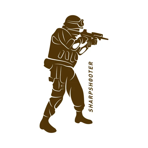 Sniper vector λογότυπο σχεδιασμό στυλ έννοια, Sharpshooter Style Concept λογότυπο Πρότυπο, έμβλημα και tshirt εκτύπωσης. απεικόνιση ελεύθερου σκοπευτή για αθλητική ομάδα. — Διανυσματικό Αρχείο
